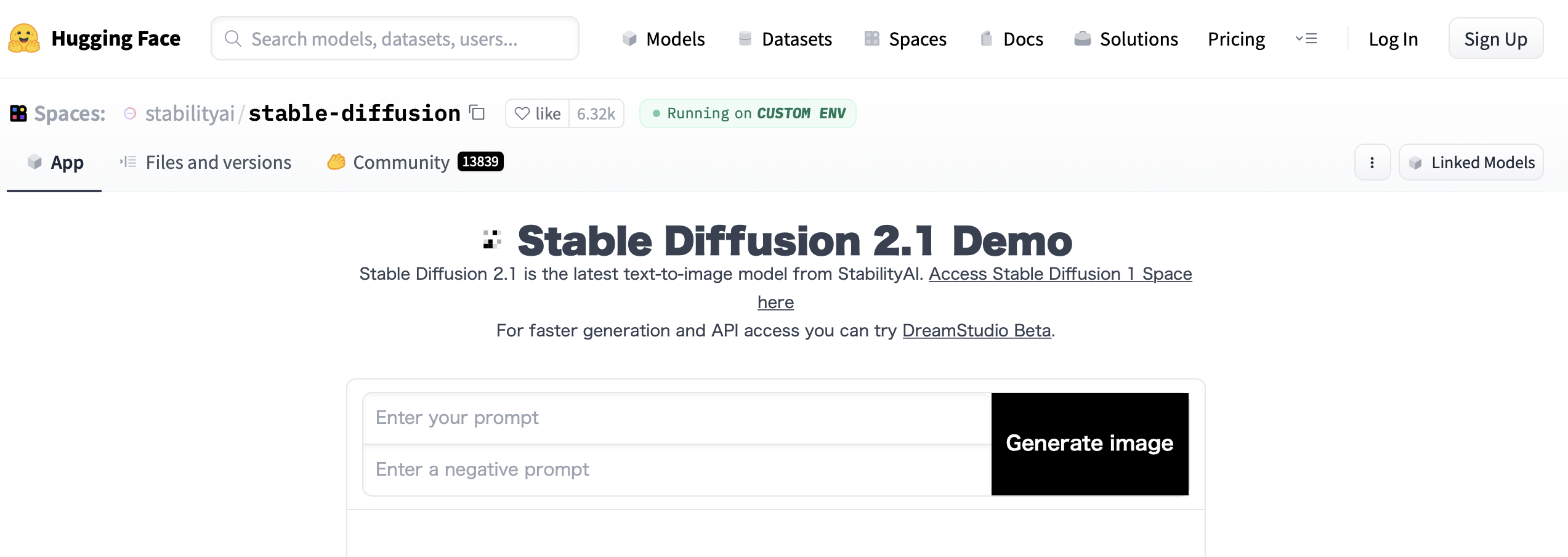 Stable Diffusion 2.1 Demo サイト画面